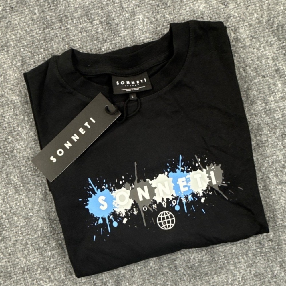 Sonneti London Mens Large Black Blue Splatter Logo Graphic T Shirt NWT